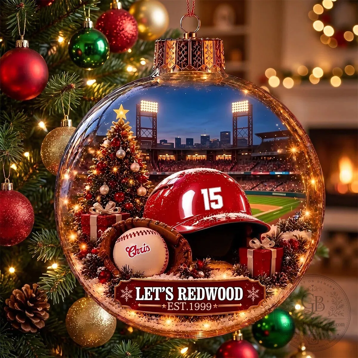 Baseball Ballpark Christmas Tree Ornament with Redwood Team Logo