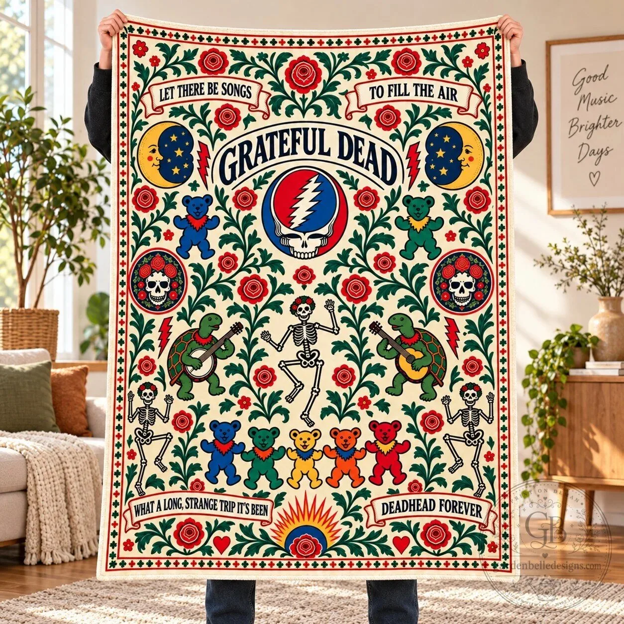 Grateful Dead Dancing Bears Skull Folk Art Sherpa Blanket
