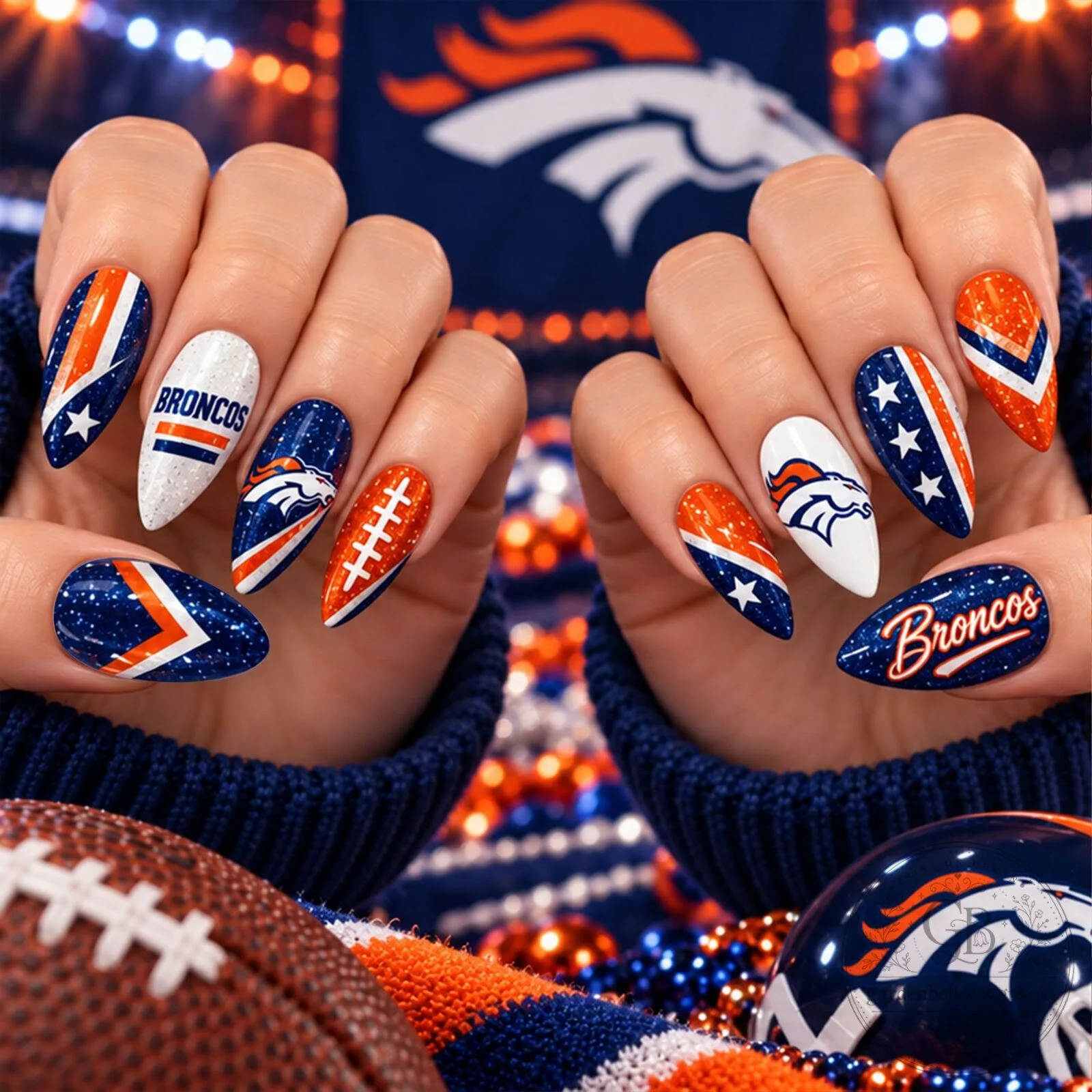 Denver Broncos Football Team Sparkle Game Day Press-On Nails 3 Denver Broncos Football Team Sparkle Game Day Press-On Nails
